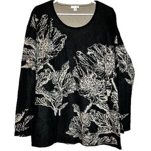 J. Jill Sweater 100% Cotton Lightweight Scoop Neck Oversized Floral Black Small